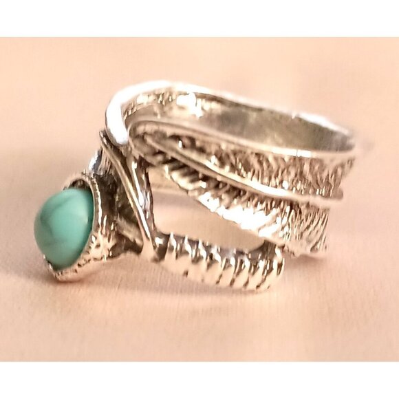 Boho Silver Leaf Wrap Turquoise Ring Size 5 New Nature Inspired Statement Gift - Picture 3 of 5